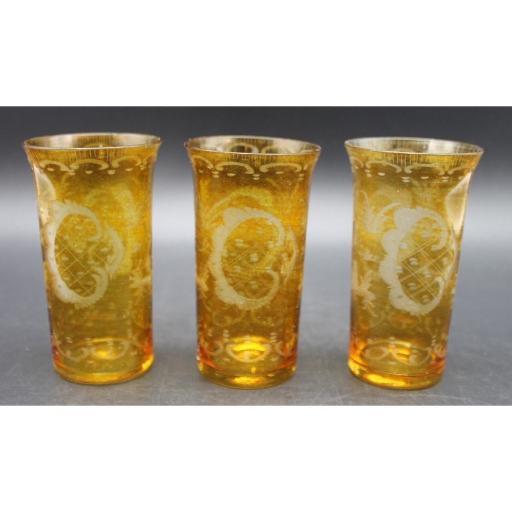 Set of 3 Vintage Bohemian Amber Cut to Clear Juice Glasses Egermann Style Etched